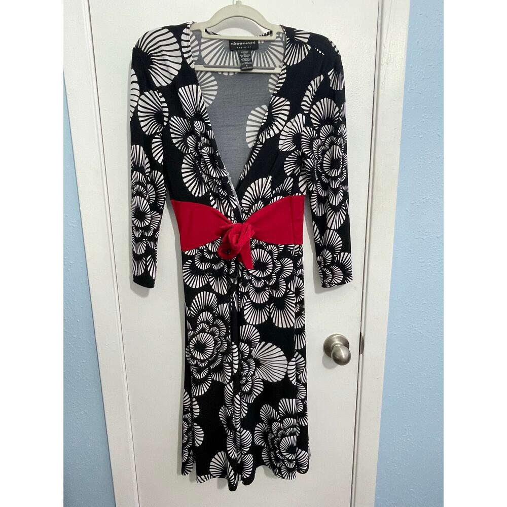 Y2K Vintage Dress Size 8 Black Floral Tie Belt Faux Wrap 3/4 Sleeve Office Siren